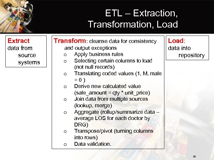 ETL – Extraction, Transformation, Load Extract data from source systems Transform: cleanse data for