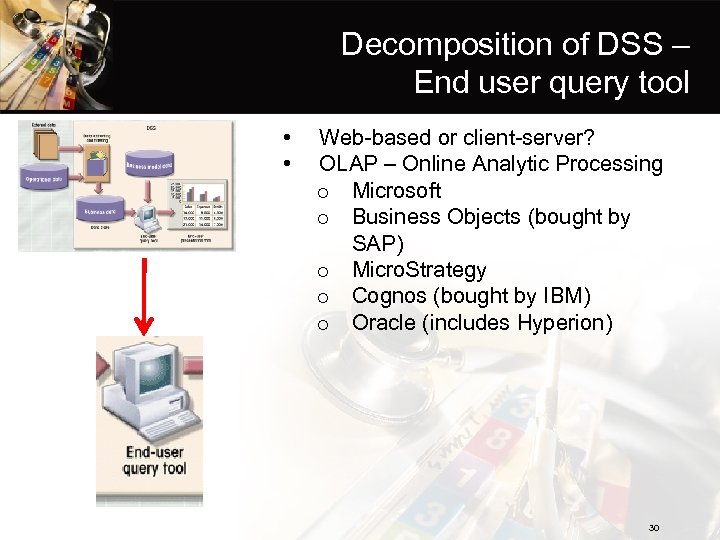 Decomposition of DSS – End user query tool • • Web-based or client-server? OLAP