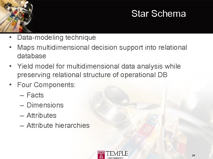 Star Schema • Data-modeling technique • Maps multidimensional decision support into relational database •