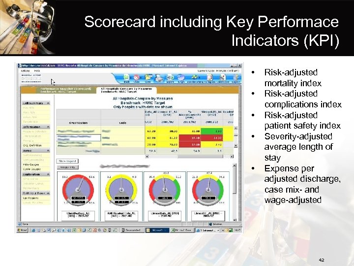 Scorecard including Key Performace Indicators (KPI) • • • Risk-adjusted mortality index Risk-adjusted complications