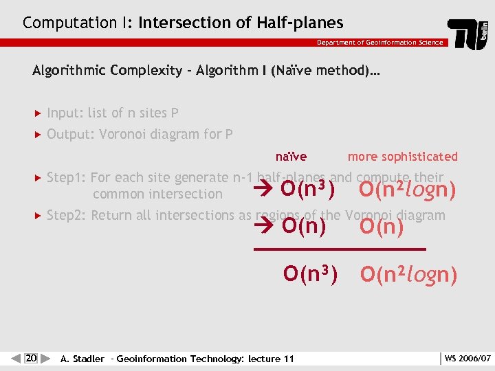 Computation I: Intersection of Half-planes Department of Geoinformation Science Algorithmic Complexity – Algorithm I