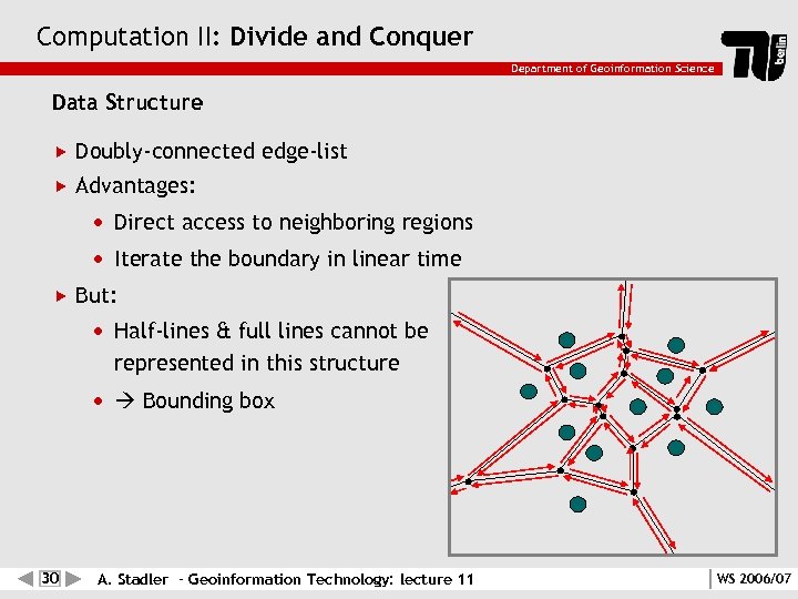 Computation II: Divide and Conquer Department of Geoinformation Science Data Structure Doubly-connected edge-list Advantages:
