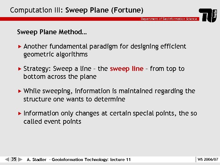 Computation III: Sweep Plane (Fortune) Department of Geoinformation Science Sweep Plane Method… Another fundamental