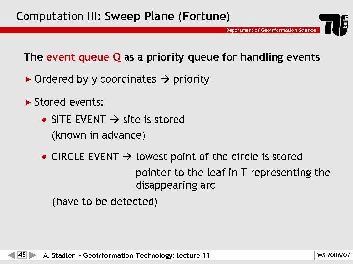 Computation III: Sweep Plane (Fortune) Department of Geoinformation Science The event queue Q as