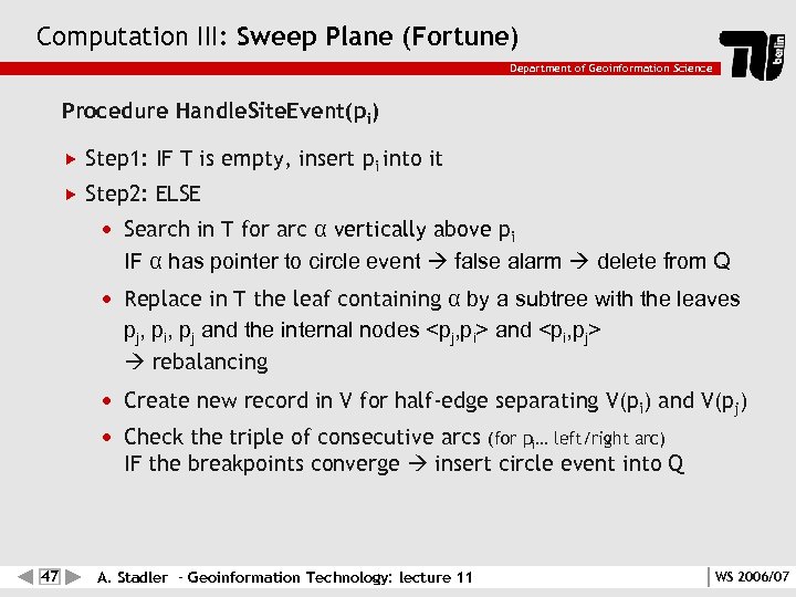 Computation III: Sweep Plane (Fortune) Department of Geoinformation Science Procedure Handle. Site. Event(pi) Step