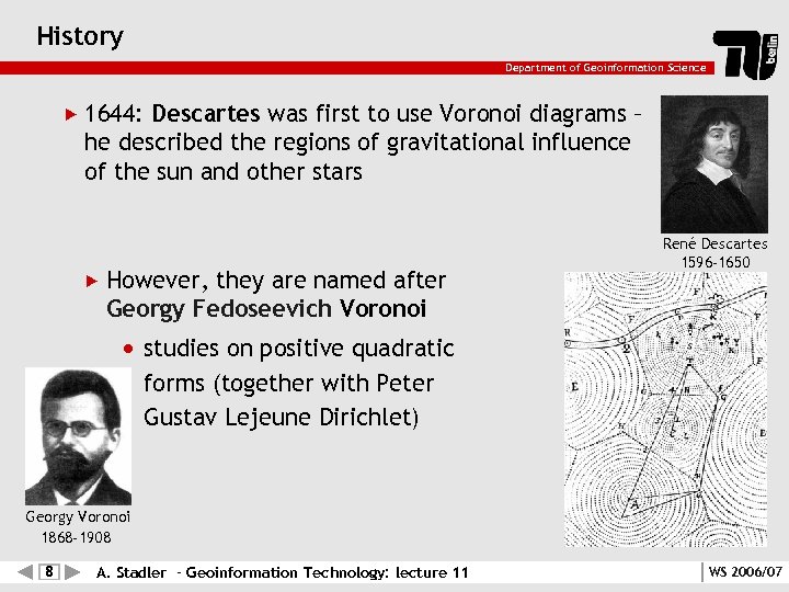 History Department of Geoinformation Science 1644: Descartes was first to use Voronoi diagrams –