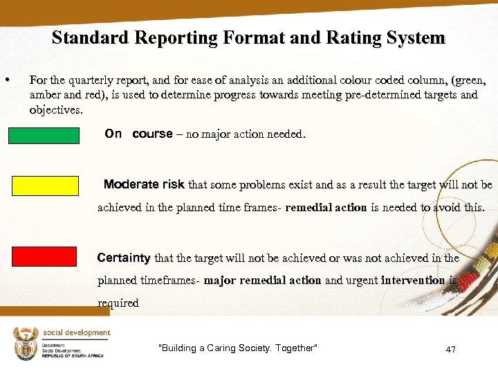 Standard Reporting Format and Rating System • For the quarterly report, and for ease