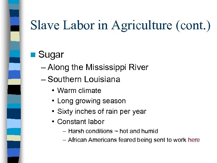Slave Labor in Agriculture (cont. ) n Sugar – Along the Mississippi River –