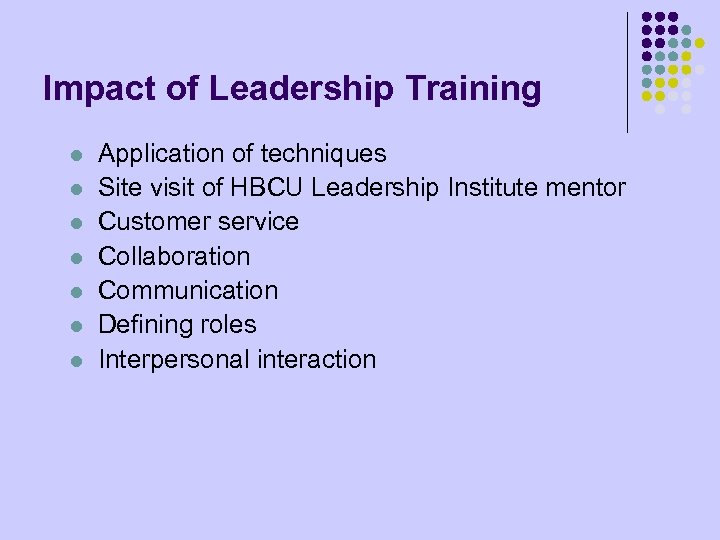 Impact of Leadership Training l l l l Application of techniques Site visit of