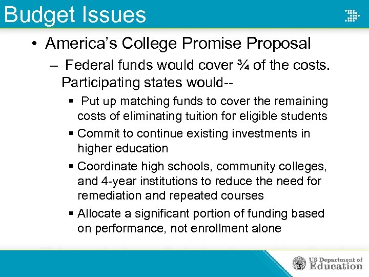 Budget Issues • America’s College Promise Proposal – Federal funds would cover ¾ of