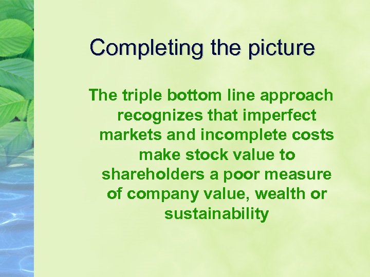 Completing the picture The triple bottom line approach recognizes that imperfect markets and incomplete