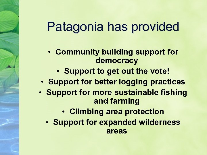 Patagonia has provided • Community building support for democracy • Support to get out