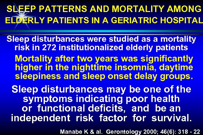 SLEEP PATTERNS AND MORTALITY AMONG ELDERLY PATIENTS IN A GERIATRIC HOSPITAL Sleep disturbances were