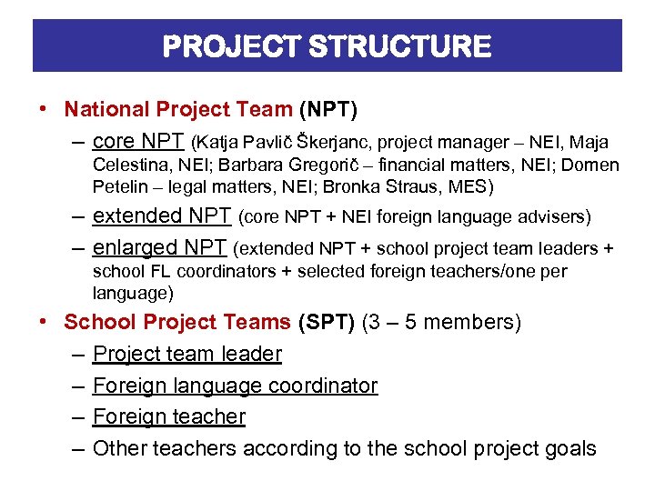 PROJECT STRUCTURE • National Project Team (NPT) – core NPT (Katja Pavlič Škerjanc, project