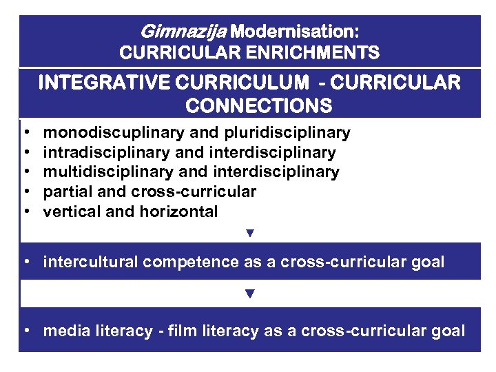 Gimnazija Modernisation: CURRICULAR ENRICHMENTS INTEGRATIVE CURRICULUM - CURRICULAR CONNECTIONS • • • monodiscuplinary and