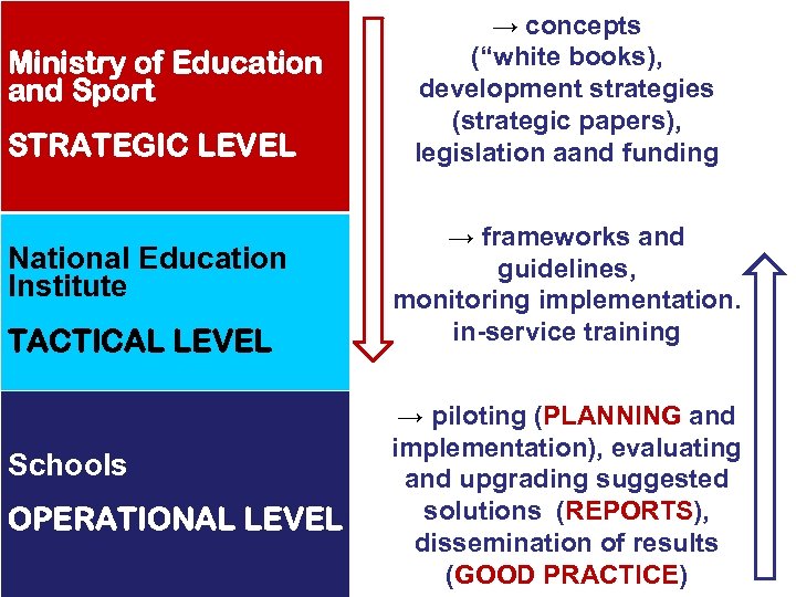 Ministry of Education and Sport STRATEGIC LEVEL National Education Institute TACTICAL LEVEL Schools OPERATIONAL