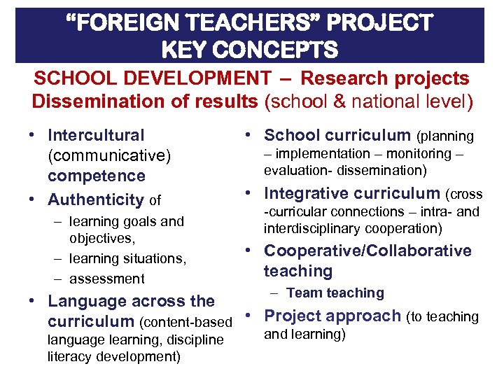 “FOREIGN TEACHERS” PROJECT KEY CONCEPTS SCHOOL DEVELOPMENT – Research projects Dissemination of results (school