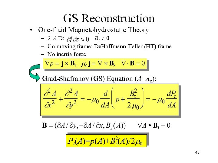 GS Reconstruction • One-fluid Magnetohydrostatic Theory – 2 ½ D: Bz 0 – Co-moving