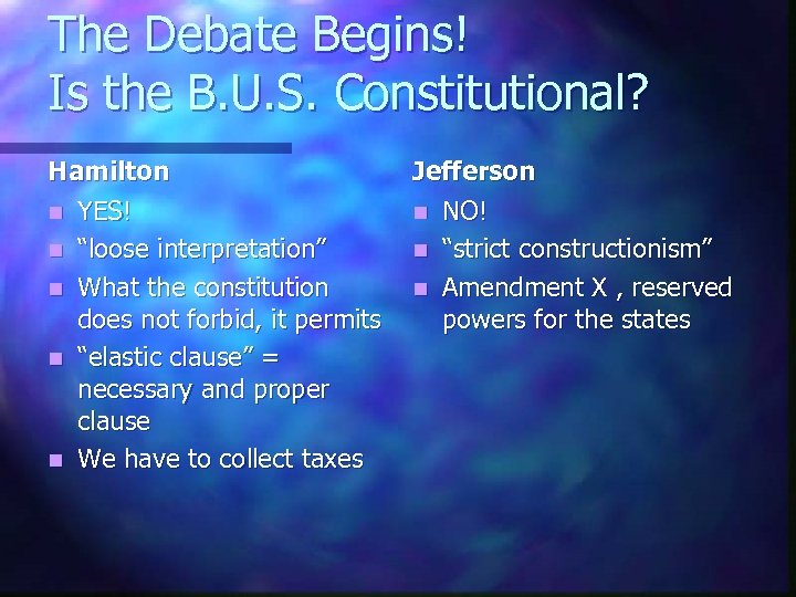 The Debate Begins! Is the B. U. S. Constitutional? Hamilton n YES! n “loose