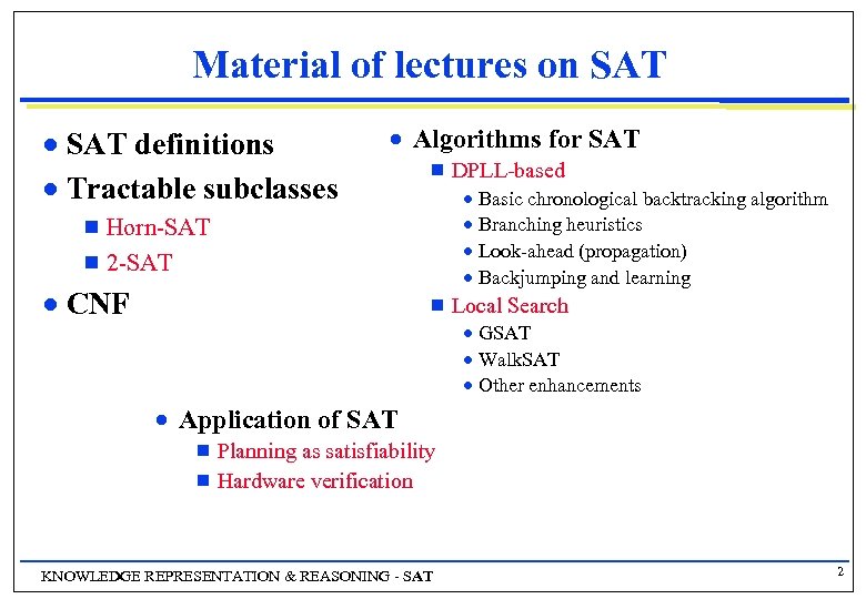 Material of lectures on SAT definitions n Tractable subclasses n n Algorithms for SAT