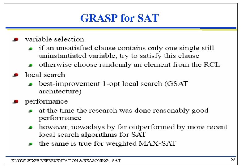 GRASP for SAT KNOWLEDGE REPRESENTATION & REASONING - SAT 53 