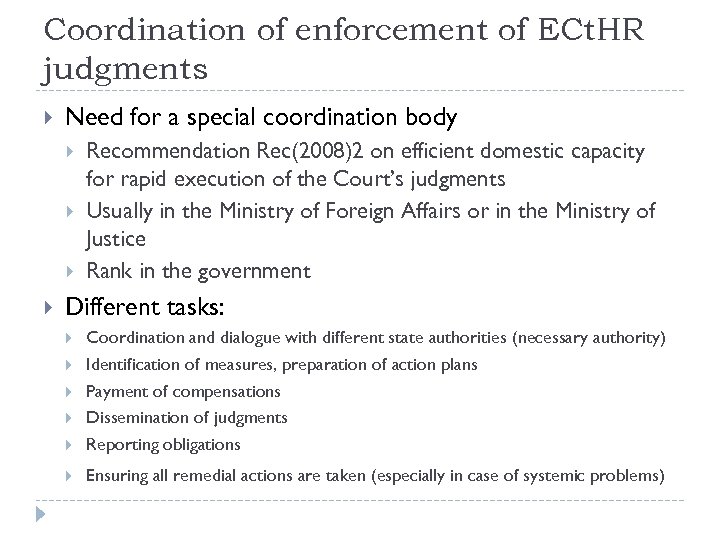 Coordination of enforcement of ECt. HR judgments Need for a special coordination body Recommendation