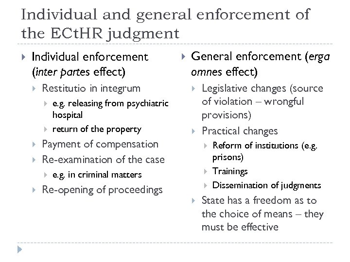 Individual and general enforcement of the ECt. HR judgment Individual enforcement (inter partes effect)