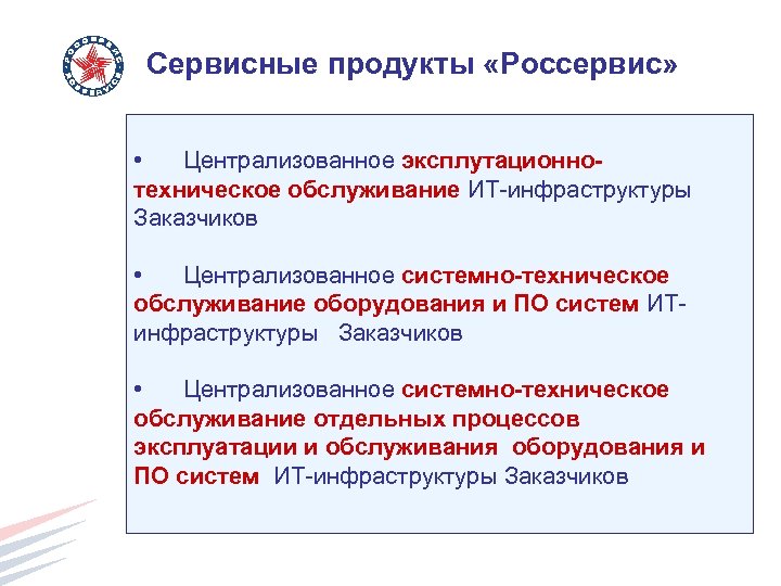 Сервисные продукты «Россервис» • Централизованное эксплутационнотехническое обслуживание ИТ-инфраструктуры Заказчиков • Централизованное системно-техническое обслуживание оборудования