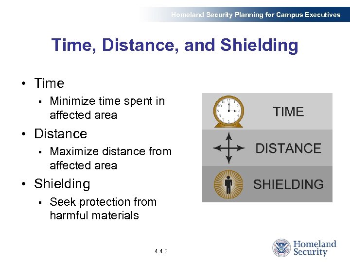 Homeland Security Planning for Campus Executives Time, Distance, and Shielding • Time § Minimize