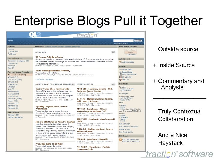 Enterprise Blogs Pull it Together Outside source + Inside Source + Commentary and Analysis
