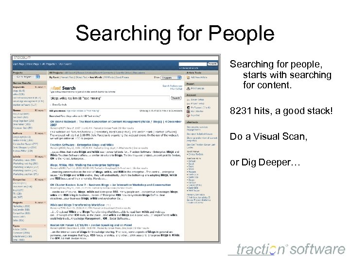 Searching for People Searching for people, starts with searching for content. 8231 hits, a