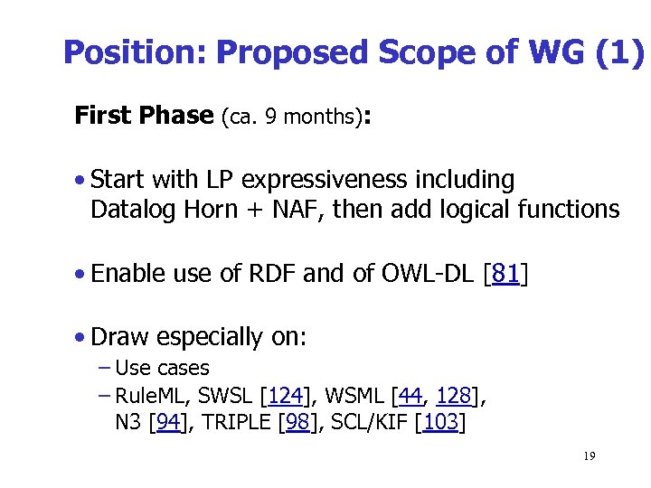 Position: Proposed Scope of WG (1) First Phase (ca. 9 months): • Start with