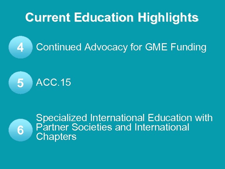 Current Education Highlights 4 Continued Advocacy for GME Funding 5 ACC. 15 6 Specialized