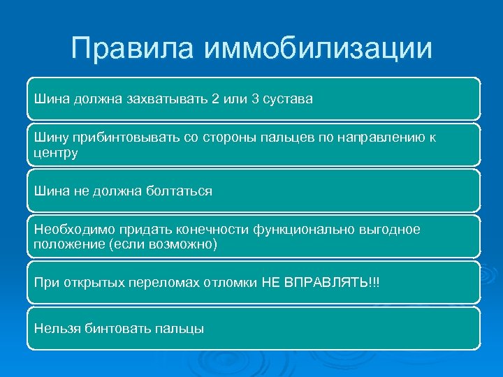Правила иммобилизации Шина должна захватывать 2 или 3 сустава Шину прибинтовывать со стороны пальцев