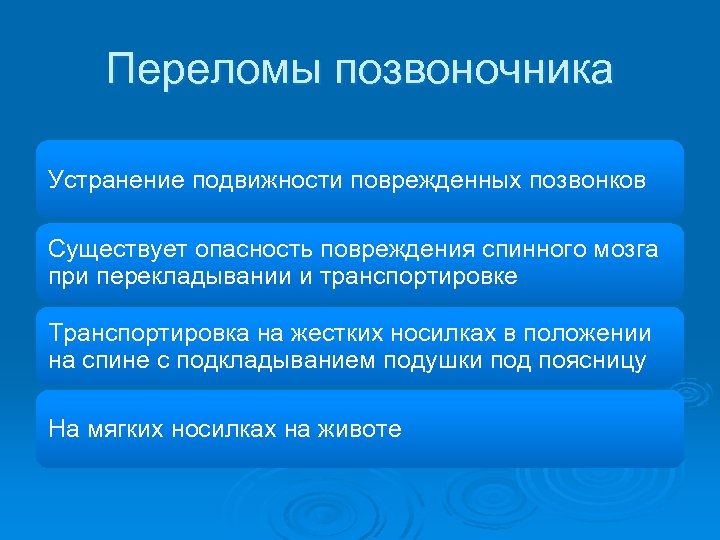 Переломы позвоночника Устранение подвижности поврежденных позвонков Существует опасность повреждения спинного мозга при перекладывании и