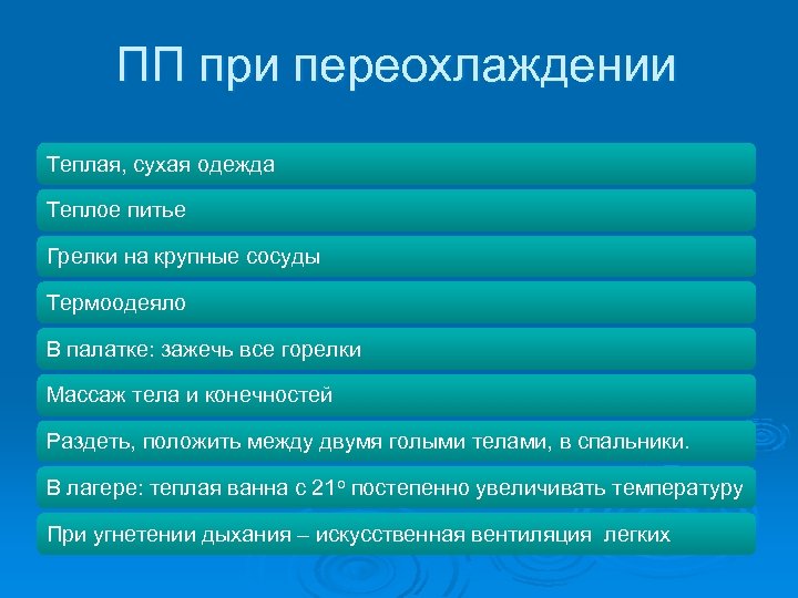 ПП при переохлаждении Теплая, сухая одежда Теплое питье Грелки на крупные сосуды Термоодеяло В