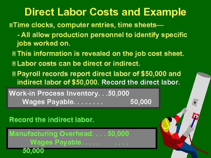 Direct Labor Costs and Example 3 Time clocks, computer entries, time sheets— - All