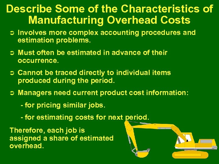 Describe Some of the Characteristics of Manufacturing Overhead Costs Ü Involves more complex accounting