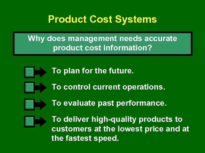 Product Cost Systems Why does management needs accurate product cost information? To plan for