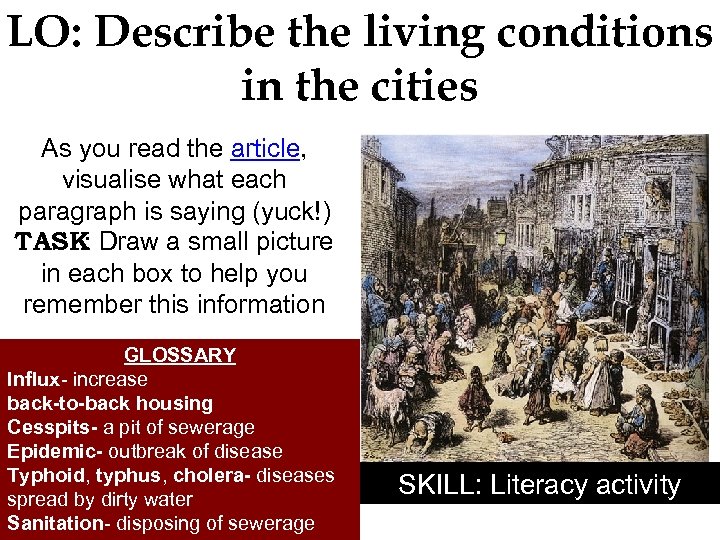 LO: Describe the living conditions in the cities As you read the article, visualise