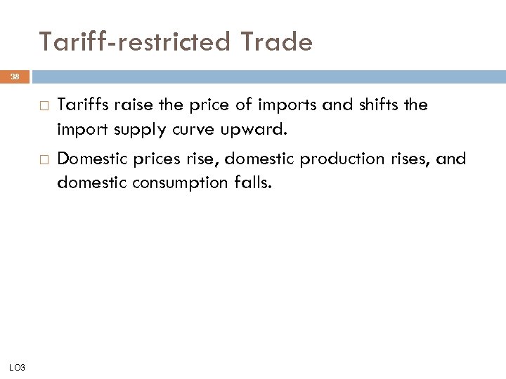 Tariff-restricted Trade 38 LO 3 Tariffs raise the price of imports and shifts the