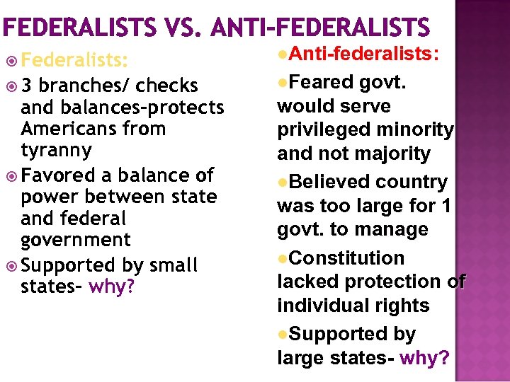 FEDERALISTS VS. ANTI-FEDERALISTS Federalists: 3 branches/ checks and balances-protects Americans from tyranny Favored a