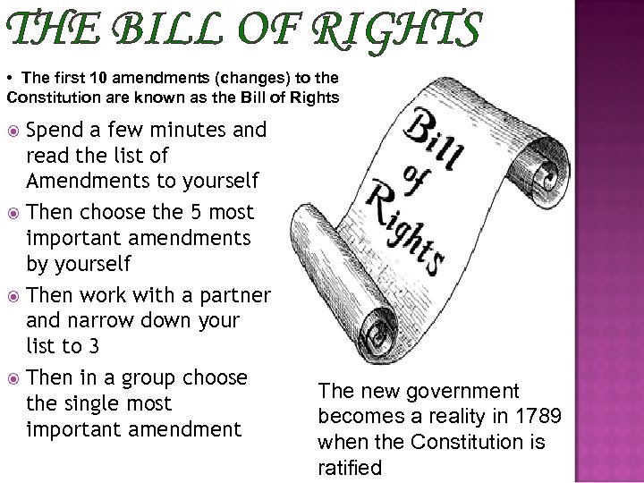 THE BILL OF RIGHTS • The first 10 amendments (changes) to the Constitution are