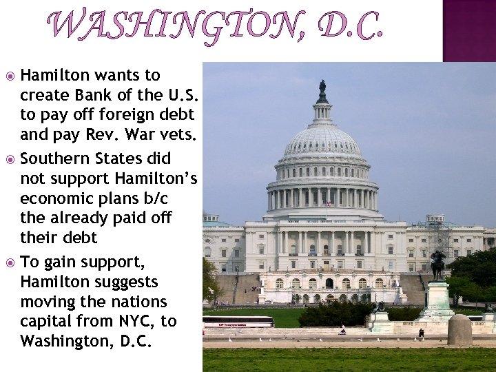 WASHINGTON, D. C. Hamilton wants to create Bank of the U. S. to pay