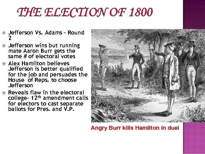 THE ELECTION OF 1800 Jefferson Vs. Adams – Round 2 Jefferson wins but running