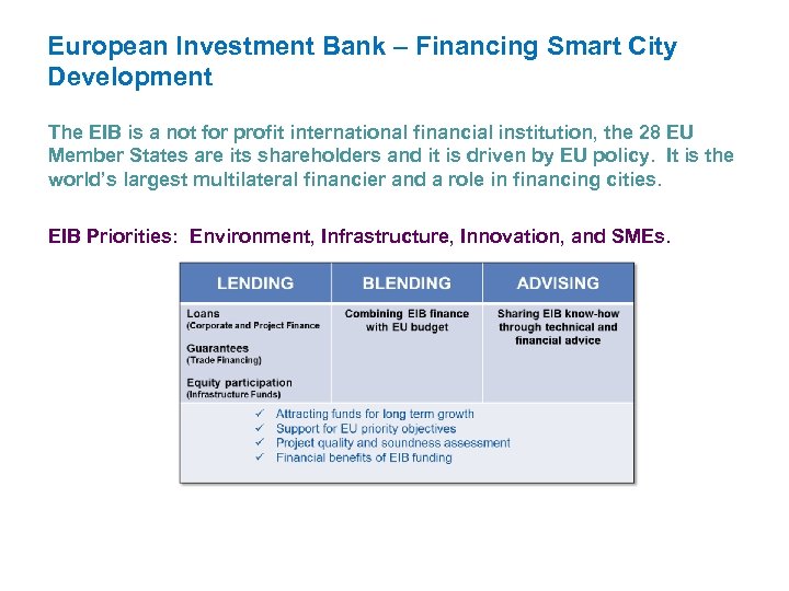 European Investment Bank – Financing Smart City Development The EIB is a not for