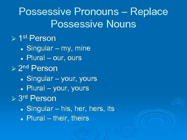 Possessive Pronouns – Replace Possessive Nouns Ø 1 st l l Singular – my,