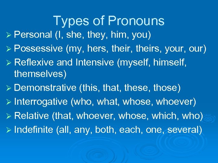 Types of Pronouns Ø Personal (I, she, they, him, you) Ø Possessive (my, hers,