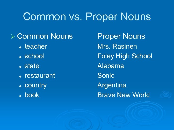 Common vs. Proper Nouns Ø Common Nouns l l l teacher school state restaurant