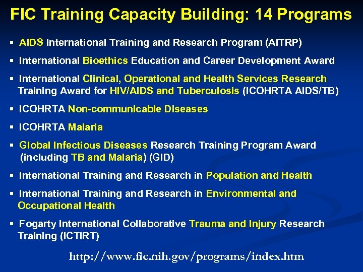 FIC Training Capacity Building: 14 Programs § AIDS International Training and Research Program (AITRP)